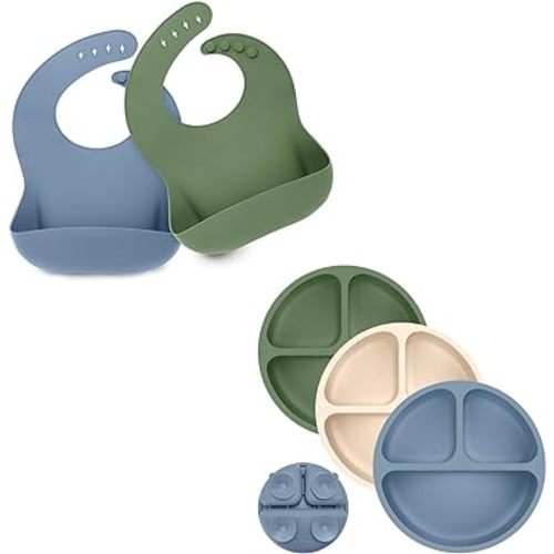 KeaBabies 2-Pack Silicone Bibs For Babies Suction Plates for Baby, Toddler - Silicone Baby Bibs for Eating, 3-Pack 100% Silicone Toddler Plates, Food-Grade Pure Silicone Bib