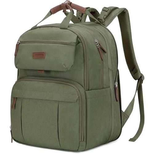 Green Diaper Bag Backpack, Large Diaper Bag Expandable for 2 Kids/Twins, Durable Baby Bag with Changing Pad, Water Resistant Travel Diaper Backpack for Mom Dad