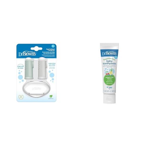 Dr. Brown's Silicone Finger Toothbrush for Baby with Travel-Storage Case, 3m+, Gray and Light Green & Fluoride-Free Baby Toothpaste,Infant & Toddler Oral Care,Mixed Fruit,1-Pack,1.4oz/40g