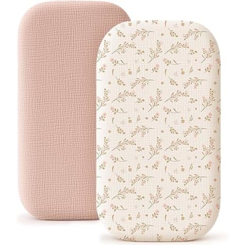 Konssy Muslin Fitted Bassinet Sheets 2 Pack for Baby Girl Boy, Soft Bedside Sleeper Bassinet Sheets Fit for Baby Bassinets, Moses Basket Oval Rectangle Pad/Mattress