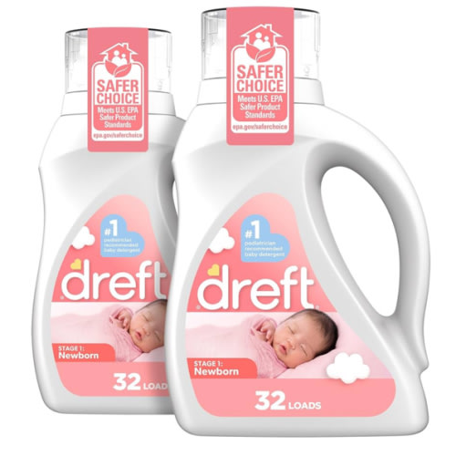 Dreft Newborn Baby Liquid Laundry Detergent, Gentle on Sensitive Skin, HE Compatible, 2 Pack, 32 Loads Each, Baby Laundry Detergent, Newborn Essentials