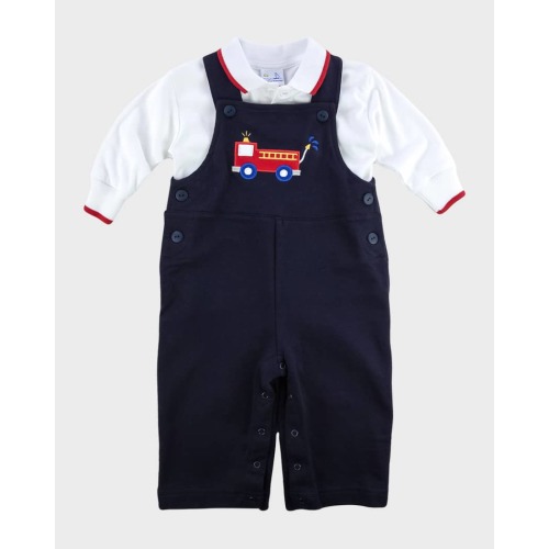 Boy's Fire Truck French Terry Jumpsuit W/ Polo Shirt, Size 6M-24M