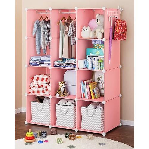 Baby Closet Organizer for Nursery - Durable Baby Wardrobe Armoire for Closet - Customizable Dresser Shelves - Waterproof Shelf Clothes Organizer w/Wall Fixation (Pink)