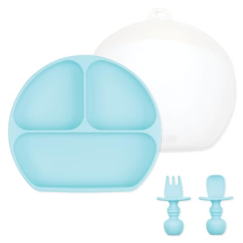 Bumkins Toddler & Baby Suction Dish, Silicone Grip Dish, Babies and Kids, Children Feeding Supplies, Non Skid Sticky Bottom, Platinum Silicone, Ages 6 Months Up, 3-Section Training Set, Blue