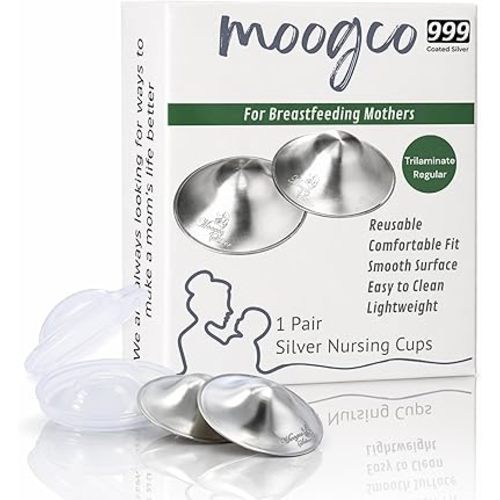 MOOGCO Silver Nursing Cups - 999k Silver Nipple Shields for Breastfeeding - Most Durable, Chemical-Free Nipple Protection (Regular, Set of 2)