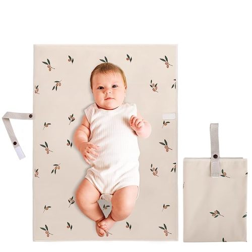 Vegan Leather Portable Changing Pad - Waterproof Compact Baby Changing Mat - Foldable Travel Diaper Changing Pad, Newborns (Olive Branch with Strap, 20"*28")