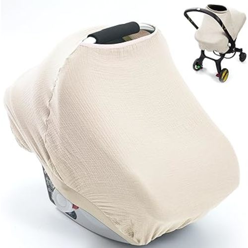 2-Layer Muslin Car Seat Cover Baby, Infant Car Seat Cover for Boys Girls, Summer Carseat Cover Protect from Sun/Hot Days, Privacy Nursing Cover for Breastfeeding