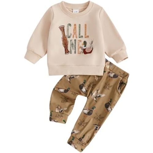 Toddler Baby Boy Hunting Outfit Mallard Duck Pocket Long Sleeve Tops Duck Print Pants Set 2Pcs Fall Winter Clothes