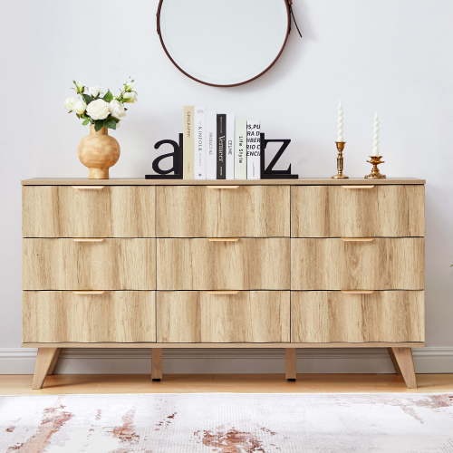 YOCWO 57" Wide 9 Drawer Dresser with Big Wave Pattern for Living Room Bedroom, Mid-Century Wood Large Chest of Drawer with Waveform Fluted Panel, Natural