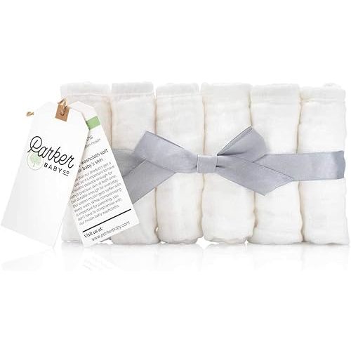 Parker Baby Washcloths - 6 Pack of 100% Cotton Muslin Wash Cloths - Soft, Absorbent and Natural - White