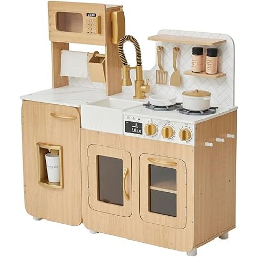 Teamson Kids Little Chef Cyprus Medium Wooden Play Kitchen with Interactive, Realistic Features, and 14 Kitchen Accessories for 3yrs and up, Light Oak/Faux White Marble/Gold