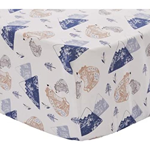 Levtex Baby - Rowan Bear Crib Fitted Sheet - Fits Standard Crib and Toddler Mattress - Tossed Bears, Moutains and Trees - Blue, Grey, Taupe and White - Nursery Accessories - 100% Cotton