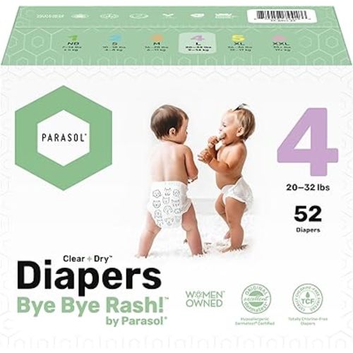 PARASOL Clear+Dry Disposable Diapers | RashShield Protection, Leakproof Design, Hypoallergenic | Size 4, (20-32 lbs) Box of 52 Count