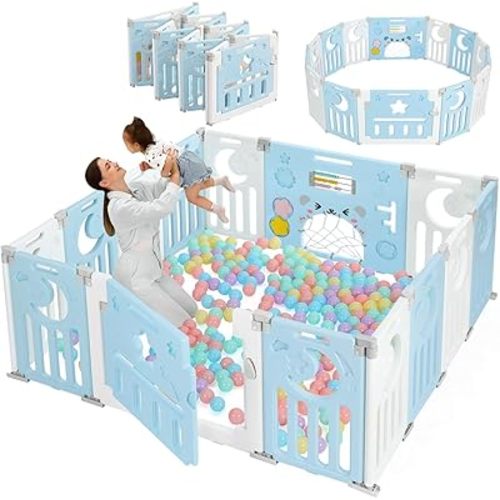 Baby Playpen, Dripex Baby Playard for Babies and Toddlers, 14-Panel Foldable Playpen Adjustable Portable Play Area, Indoor/Outdoor Kids Active Center with Game Panel & Safety Gate, Blue White
