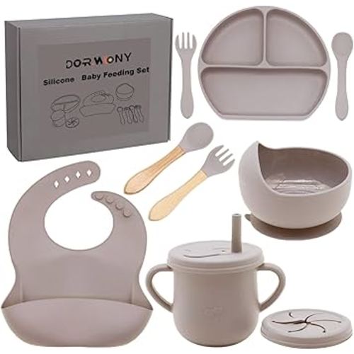 100% Silicone baby feeding set,BPA free Baby dishes set with Suction Bowl Divided Plate,Toddler Self Feeding Dish Set with Spoons Forks Sippy Cup And Bib, Baby Eating Utensils (Beige)