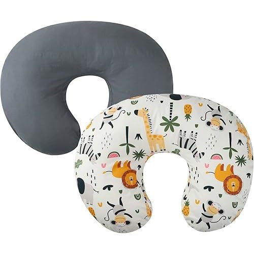 Nursing Pillow Cover 2 Pack Compatible with Boppy Pillow, 100% Cotton Super Soft for Breastfeeding Moms Fit Infant Nursing Pillows & Positioners for Baby Boy Girl Grey Elephant Lion