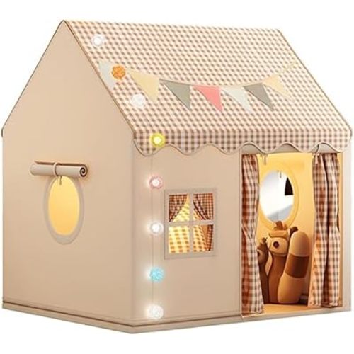 Large Kids' Tent Children's Play Tent Toy Hut Indoor Playhouse Birthday Party Decorations with Stars Light Unisex Birthday Gift Khaki (Beige)