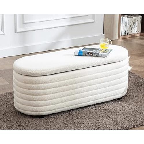 Storage Teddy Ottoman Bench Upholstered Fabric Storage Bench End of Bed Stool with Safety Hinge for Bedroom, Living Room, Entryway, Closet(44.5-inch, White)