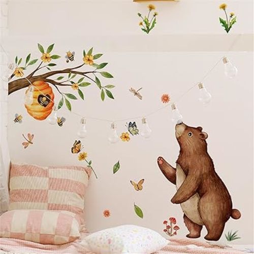 Jungle Animal Bear Wall Decals - Green Tree Branch Honey Bee Hive Peel and Stick Baby Nursery Kids Living Room Bedroom Decor