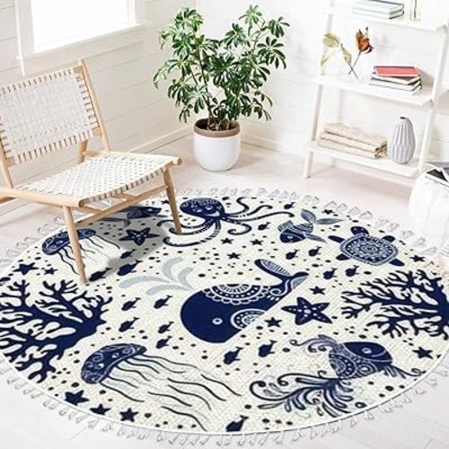 Ocean Beach Area Rugs Underwater Jellyfish Octopus Marine Animal Round Boho Area Rug Linen Carpet Playmat Washable Hallway Runner Mat for Nursery Kid Room Bedroom Decoration Children Gift 4ft