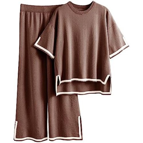 Tanming Sweater Sets Women 2 Piece Lounge Sets Short Sleeve Knit Pullover Tops Wide Leg Pants