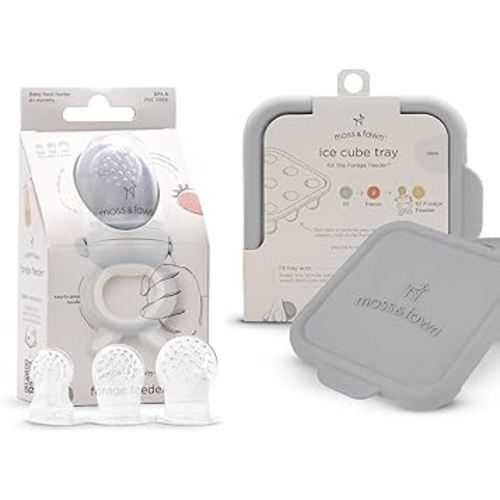 Moss and Fawn Baby's First Bites Bundle - Silicone Frozen Breast Milk Popsicle Kit with Forage Feeder & Teething Popsicle Ice Cube Tray - BPA, PVC, & Lead-Free - Dew