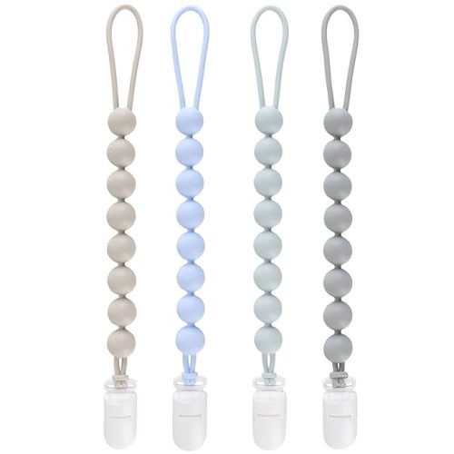 4-Pack Silicone Pacifier Clips for Baby Boys and Girls - with One-Piece Beads, Flexible and Rust-Free Holders for Teething Relief and Baby Essentials - Safe for Newborns (Grey)