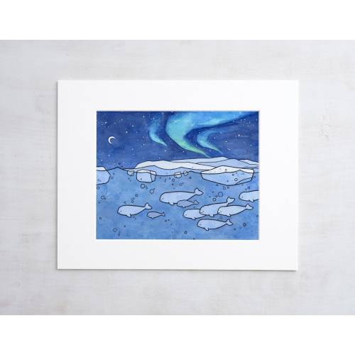 Belugas and Aurora Illustration Arctic Animal Print