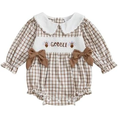 MoZiKQin Baby Girl Thanksgiving Outfit Turkey Bubble Romper Long Sleeve Doll Collar Plaid Jumpsuit Boutique Fall Clothes