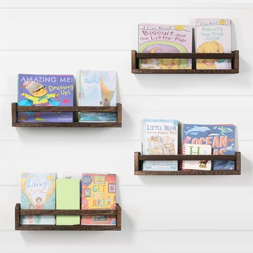 DUICIRX Nursery Room Shelves Set of 4, Wood Floating Book Shelves for Kids Room, Baby Book Shelf for Nursery, Kitchen Spice Rack (Carbonized Brown)