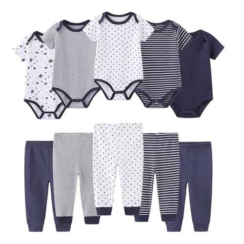Ruliby Baby Bodysuit and Pant Set 10-pcs Cotton Soft Newborn Clothes Outfits