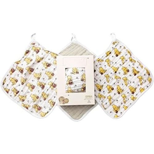 Sugar Lily's Classic Pooh,Muslin Cotton Washcloth Set, Soft Muslin Cotton, Durable, Classic Pooh+ Soccer Ball Design, Classic Pooh Print, Grey with White Trim, 3pc Set, Small