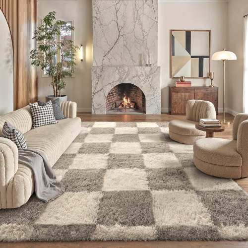 BERTHMEER 6'x9' Washable Shag Area Rugs for Bedroom Living Room Dorm Modern Checkered Contemporary Plush Soft Carpets Indoor Fuzzy Fluffy Throw Rugs, Gray