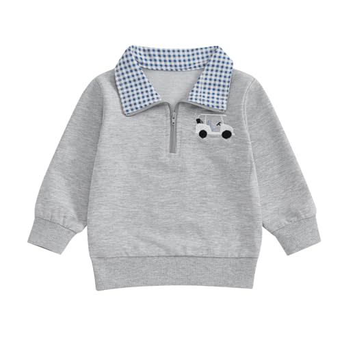 Dewadbow Toddler Baby Boy Golf Outfit Long Sleeve Hole In One Embroidery Polo Sweatshirt Plaid Lapel Quarter Zip Pullover Top