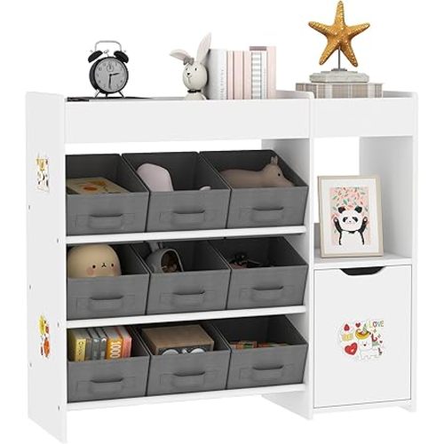 Qaba Toy Storage Organizer, Kids BookShelf with 9 Non-Woven Fabric Boxes, Storage Cabinet & Shelves, Toy Shelf for Kids Room, Nursery, Playroom, White