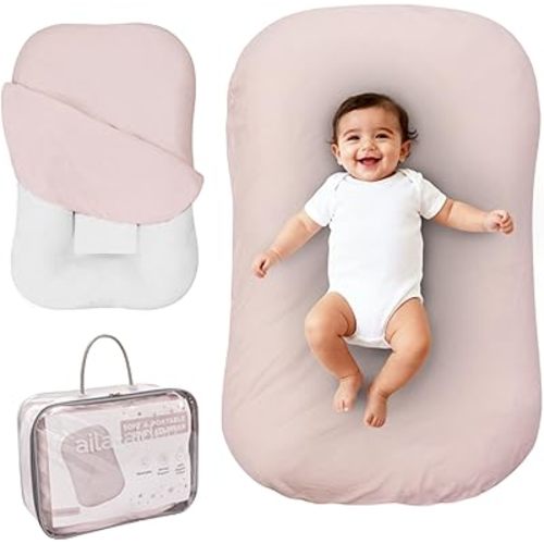 Aila + Aiden Baby Lounger | Organic Cotton Infant Lounger | Adjustable & Portable Floor Lounger | Supervised Use | Soft, Breathable, Washable Cover - Snuggle Collection - (Pink)