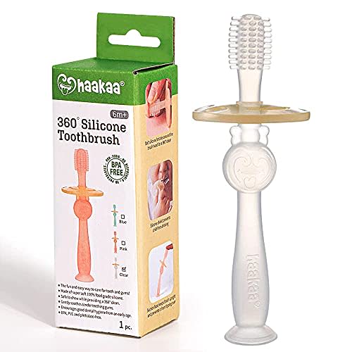 haakaa 360° Baby Toothbrush with Suction Base - Gentle Cleaning for Infant Self-Brushing Training, Food-Grade Silicone, Adjustable Safety Shield - Translucent (1 Piece)