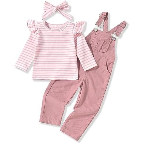 HINTINA 2PCS Baby Girls Clothes Toddler Jumpsuit Rompers Adjustable Ripped Jeans Overalls Set with Long Sleeve Stripe T-Shirt