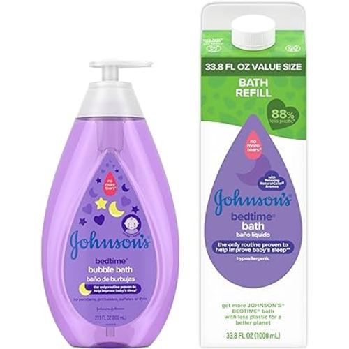 Johnson's Baby Soothing Bedtime Bath Starter Kit, Nighttime Lavendar Baby Bath, 27.01 fl Oz, and Bedtime Bath Value Size Refill Pack 33.8 fl. Oz