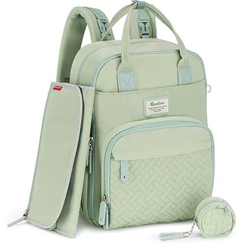 RUVALINO Diaper Bag Backpack, Neutral All-in-One Baby Bags for Boy Girl, Multifunction Large Travel Backpack with Changing Pad, Stroller Straps, Pacifier Case and Insulated Pockets, Light Green