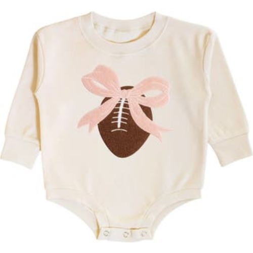 Bow Football Patch Long Sleeve Romper, 6-12M