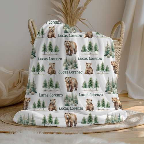 Personalized Bear Baby Boy Blanket, Grizzly Forest Crib Blanket, Custom Name Woodland Nursery Decor, Fleece, Minky, Sherpa, Baby Gift