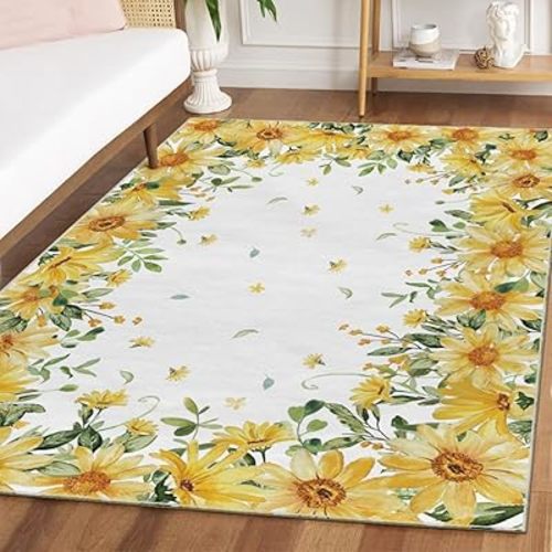 Artoid Mode Yellow Daisy Summer Area Rug, Spring Home Decor Low-Profile Washable Area Rugs for Entryway Bedroom Living Room Laundry Room Indoor 5x7 Feet