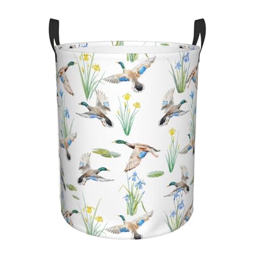 Laundry Basket Watercolor Mallard Duck Room Decor,Round Laundry Hamper Waterproof Dirty Clothes Hamper Collapsible Laundry Baskets With Handles,Toy/Clothes Storage Basket For Home Dorm Bathroom Decor