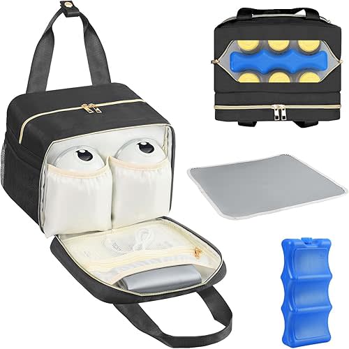 PIIOSER Breastmilk Cooler Bag with Ice Pack, Fits 6 Baby Bottles Up to 9 Ounce, Compatible with Wearable Breast Pumps & Accessories - Portable Pumps Carrying Case for Nursing & Working Moms, Black