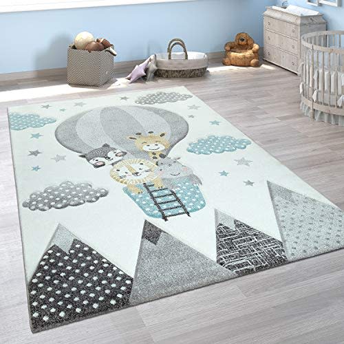 Kids Rug with Cute Animals on a Hot Air Balloon Ride in Pastel, Size: 3'11" x 5'7"