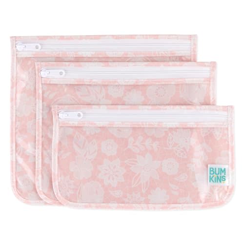Bumkins Travel Bag, Toiletry, TSA Approved Pouch, Zip Bag, Quart Size Airline Compliant, Clear-Sided, Baby, Diaper Bag Organization, Makeup, Accessories, Packing, Set of 3 Sizes, Floral Gray