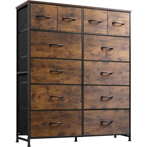 WLIVE Tall Dresser for Bedroom with 12 Drawers, Chests of Drawers, Fabric Dresser for Bedroom, Closet, Fabric Storage Dressers with Drawers, Steel Frame, Rustic Brown Wood Grain Print