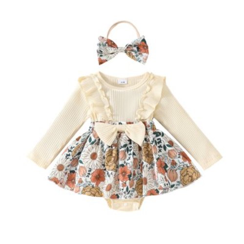 Povozer Toddler Girl Dress Baby Sweater Dresses Square Collar Ribbed Long Sleeve Swing Fall Winter Clothes with Headband(Beige,3-6 Months)