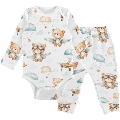 vvfelixl Baby Bodysuits Pants Sets Cute Bear Pilot Long Sleeve Baby Clothes for Boys Girls 0-3M